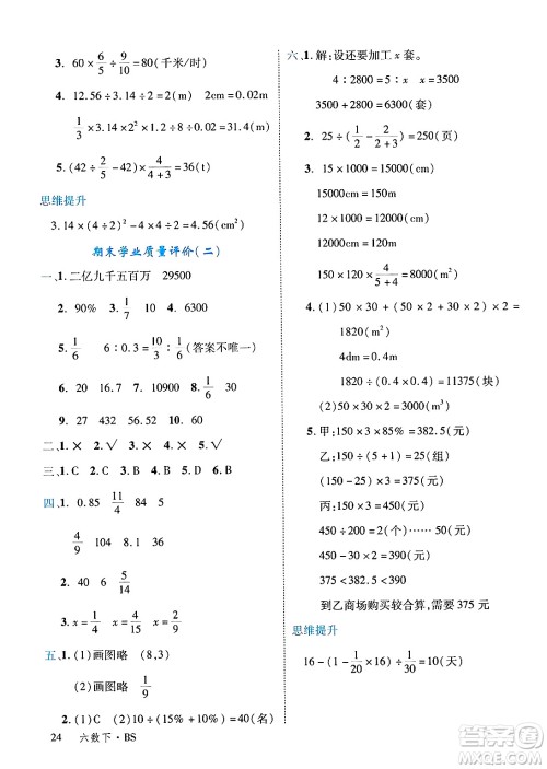 延边大学出版社2025年春优翼学练优六年级数学下册北师大版答案