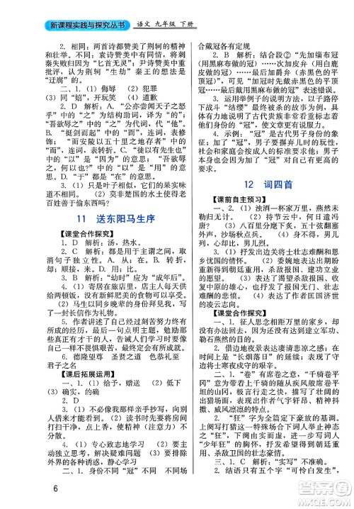 四川教育出版社2025年春新课程实践与探究丛书九年级语文下册人教版答案