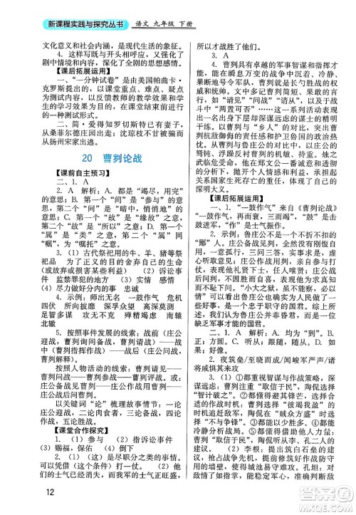 四川教育出版社2025年春新课程实践与探究丛书九年级语文下册人教版答案
