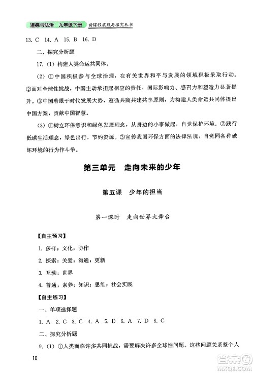 四川教育出版社2025年春新课程实践与探究丛书九年级道德与法治下册人教版答案