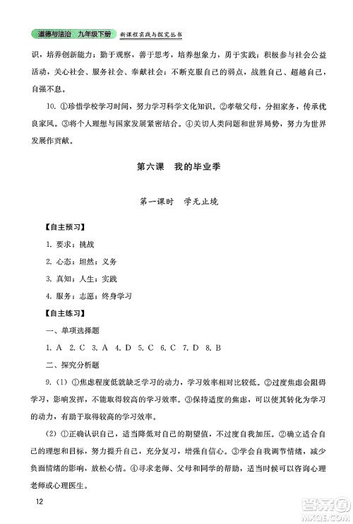 四川教育出版社2025年春新课程实践与探究丛书九年级道德与法治下册人教版答案