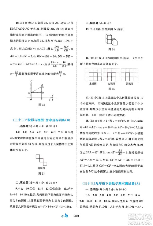 广西师范大学出版社2025年春新课程学习与测评单元双测九年级数学下册A版人教版答案