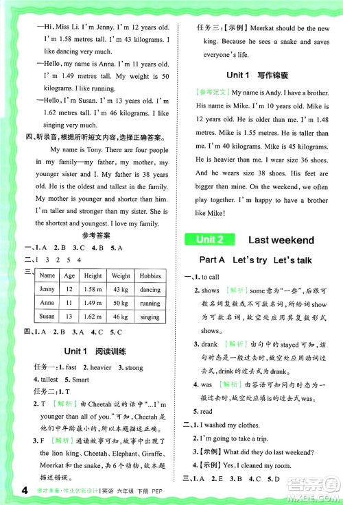 江西人民出版社2025年春王朝霞德才兼备作业创新设计六年级英语下册人教PEP版答案
