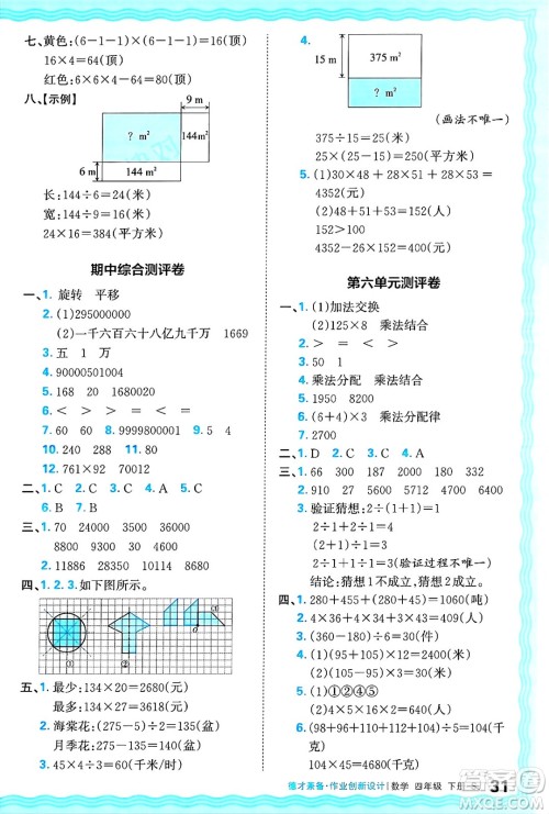 江西人民出版社2025年春王朝霞德才兼备作业创新设计四年级数学下册苏教版答案