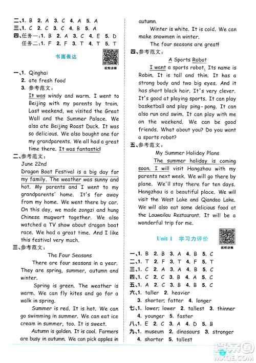 江西教育出版社2025年春阳光同学课时优化作业六年级英语下册人教PEP版陕西专版答案