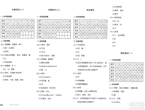 新疆青少年出版社2025年春优学1+1评价与测试八年级生物下册通用版答案