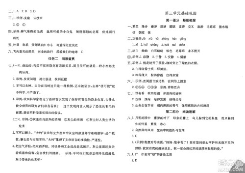 新疆青少年出版社2025年春优学1+1评价与测试四年级语文下册通用版答案