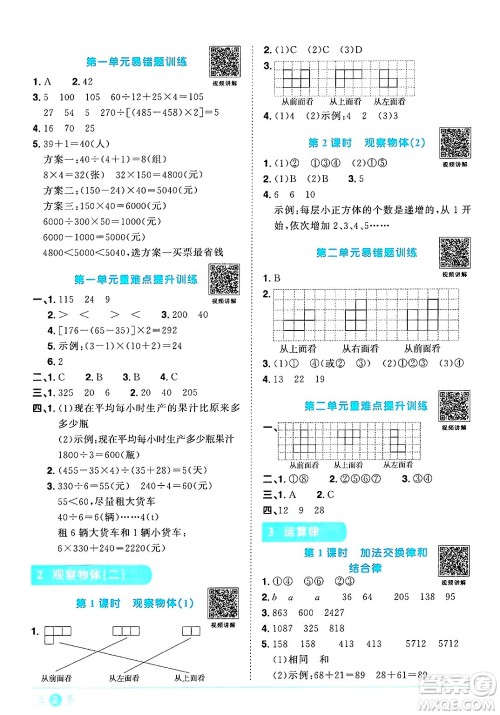 江西教育出版社2025年春阳光同学课时优化作业四年级数学下册人教版河北专版答案 江西教育出版社2025年春阳光同学课时优化作业四年级数学下册人教版河北专版答案