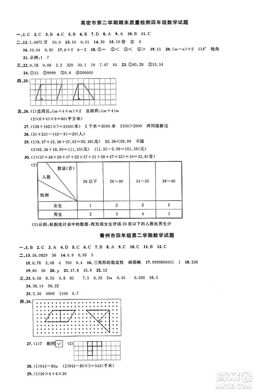 江西教育出版社2025年春阳光同学课时优化作业四年级数学下册青岛版山东专版答案 江西教育出版社2025年春阳光同学课时优化作业四年级数学下册青岛版山东专版答案