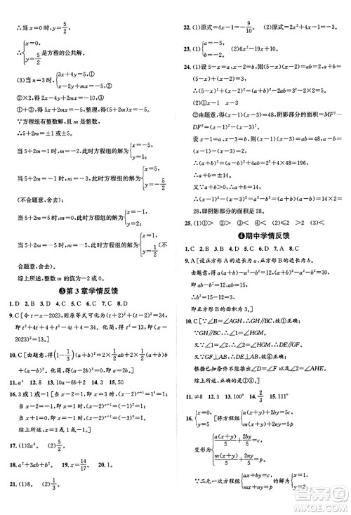 浙江教育出版社2025年春自主高效练七年级数学下册浙教版答案