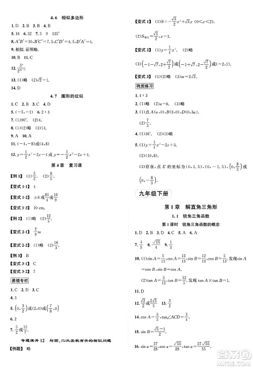浙江教育出版社2025年春自主高效练九年级数学下册浙教版答案 浙江教育出版社2025年春自主高效练九年级数学下册浙教版答案