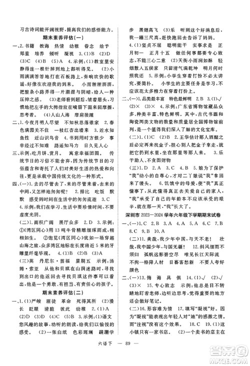 延边大学出版社2025年春优翼新领程六年级语文下册人教版广东专版答案