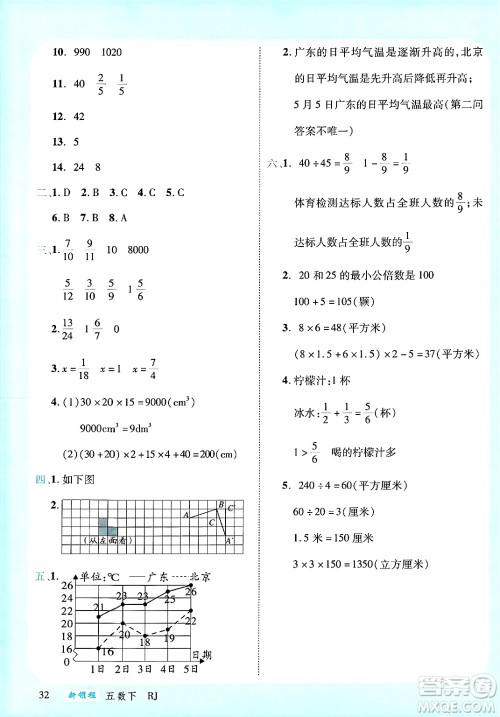 延边大学出版社2025年春优翼新领程五年级数学下册人教版广东专版答案