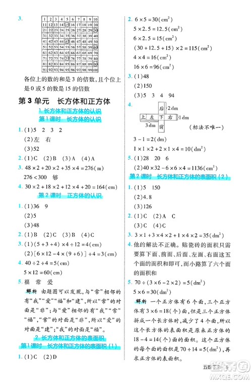 武汉出版社2025年春优翼新领程五年级数学下册人教版福建专版答案