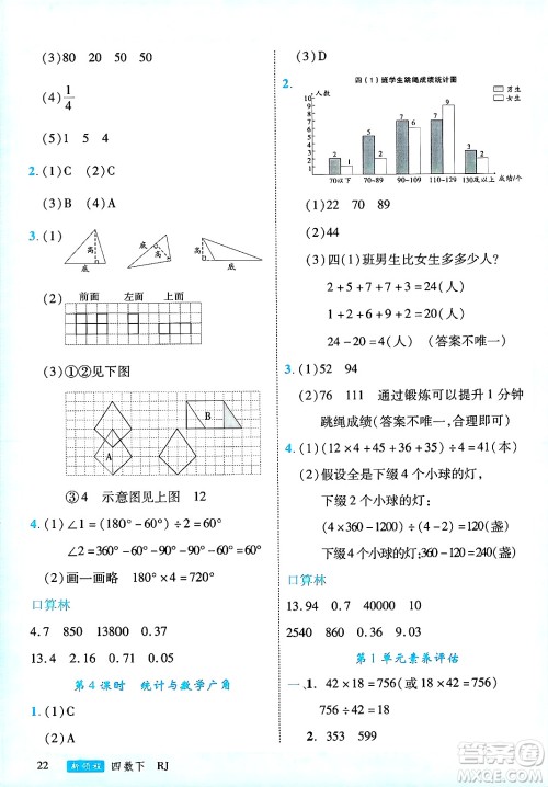 延边大学出版社2025年春优翼新领程四年级数学下册人教版广东专版答案