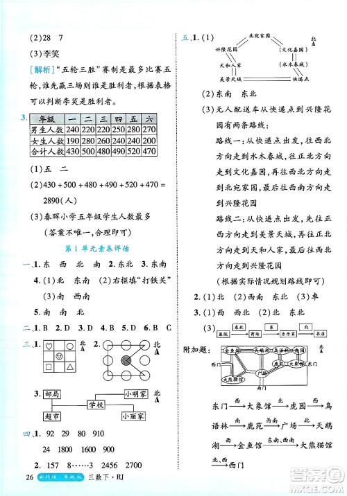 延边大学出版社2025年春优翼新领程三年级数学下册人教版浙江专版答案