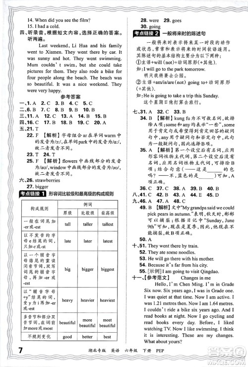 江西人民出版社2025年春王朝霞湖北各地期末试卷精选六年级英语下册人教PEP版湖北专版答案