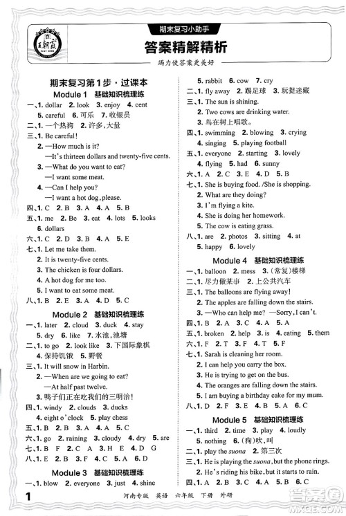 江西人民出版社2025年春王朝霞各地期末试卷精选六年级英语下册外研版河南专版答案