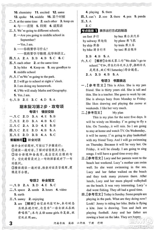 江西人民出版社2025年春王朝霞各地期末试卷精选六年级英语下册外研版河南专版答案
