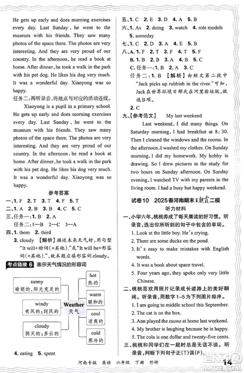 江西人民出版社2025年春王朝霞各地期末试卷精选六年级英语下册外研版河南专版答案