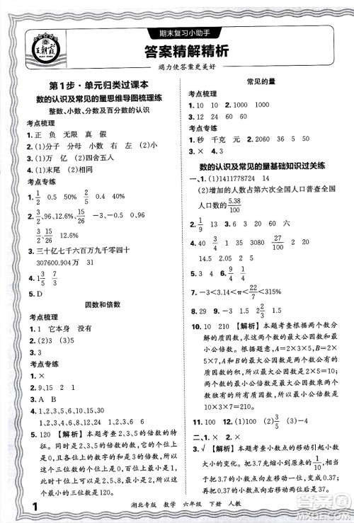 江西人民出版社2025年春王朝霞湖北各地期末试卷精选六年级数学下册人教版湖北专版答案