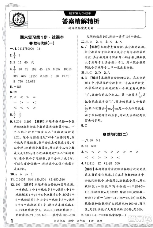 江西人民出版社2025年春王朝霞各地期末试卷精选六年级数学下册北师大版河南专版答案