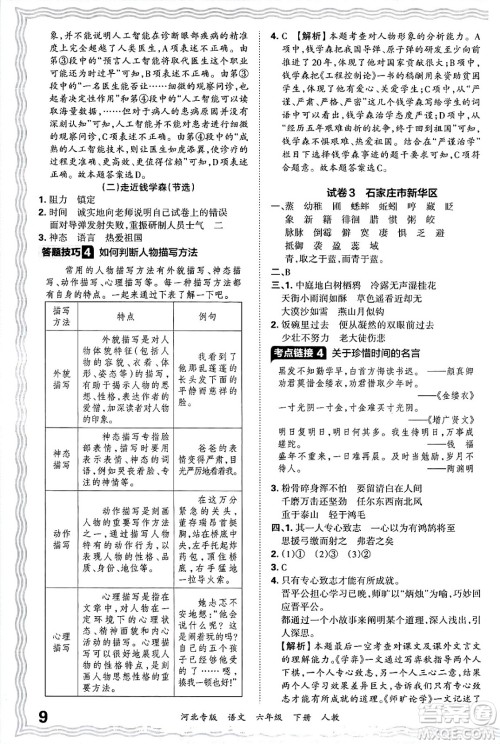 江西人民出版社2025年春王朝霞河北各地期末试卷精选六年级语文下册人教版河北专版答案