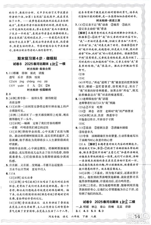 江西人民出版社2025年春王朝霞河北各地期末试卷精选六年级语文下册人教版河北专版答案