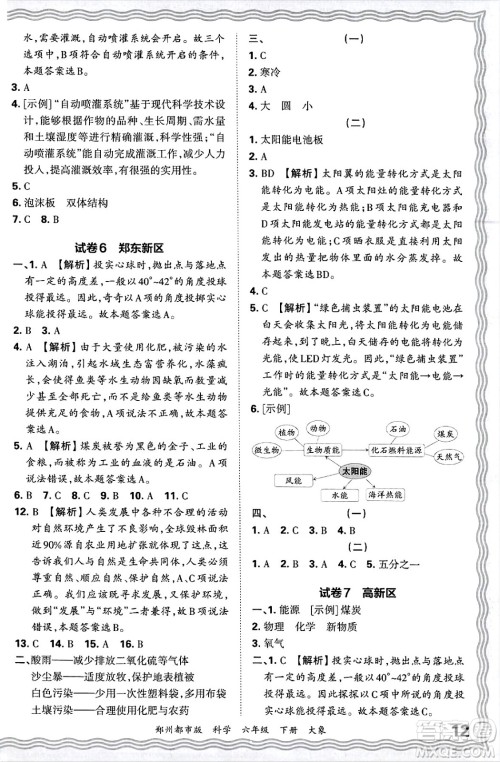 江西人民出版社2025年春王朝霞郑州期末真题精编六年级科学下册大象版郑州都市版答案