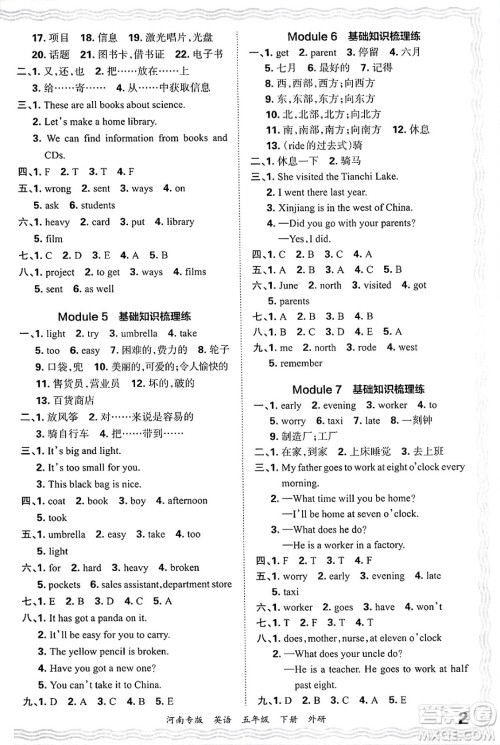 江西人民出版社2025年春王朝霞各地期末试卷精选五年级英语下册外研版河南专版答案