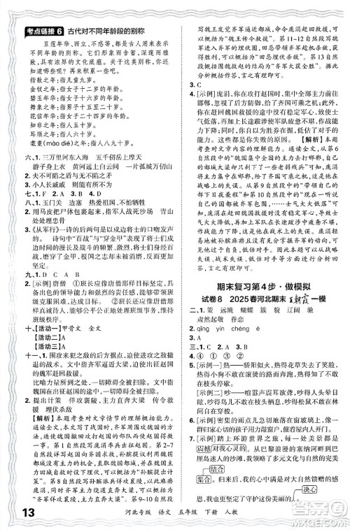 江西人民出版社2025年春王朝霞河北各地期末试卷精选五年级语文下册人教版河北专版答案