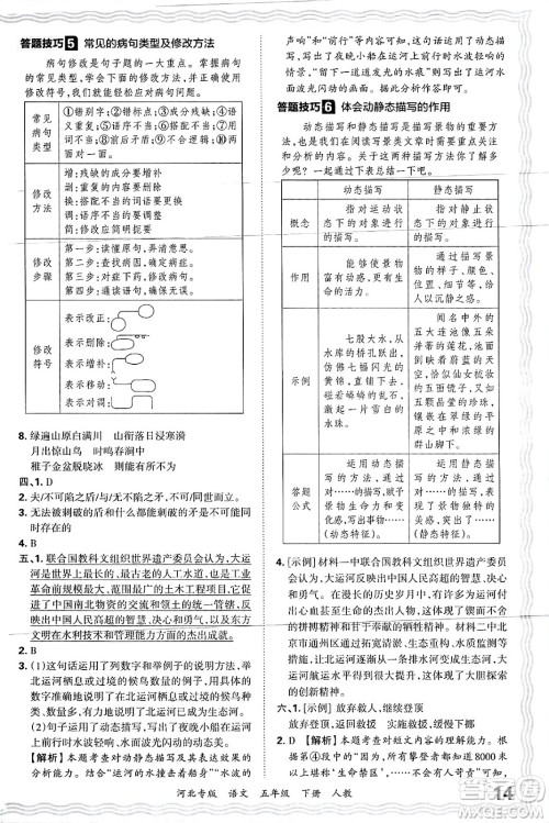 江西人民出版社2025年春王朝霞河北各地期末试卷精选五年级语文下册人教版河北专版答案