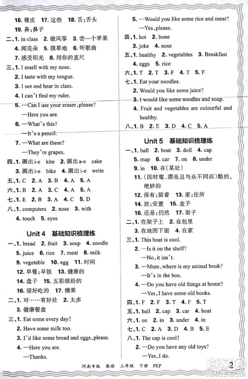 江西人民出版社2025年春王朝霞各地期末试卷精选三年级英语下册人教PEP版河南专版答案