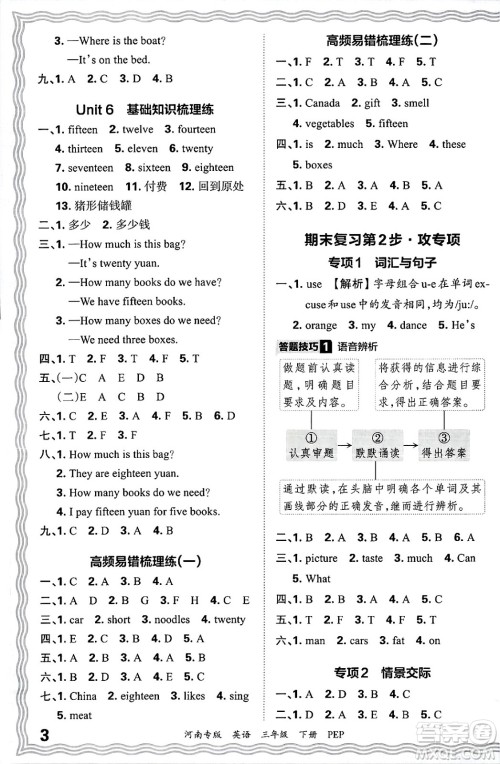 江西人民出版社2025年春王朝霞各地期末试卷精选三年级英语下册人教PEP版河南专版答案