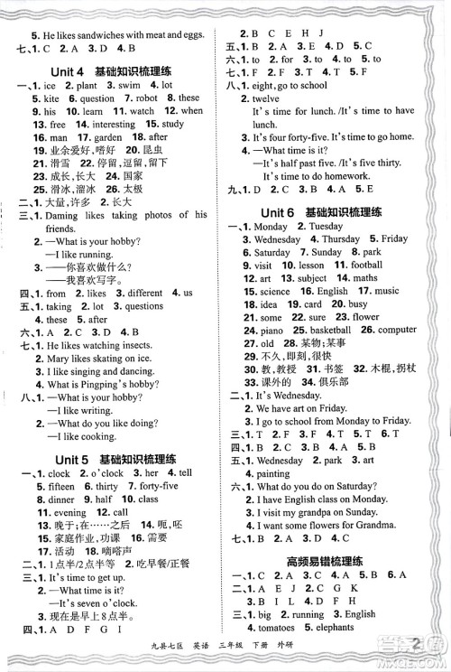 江西人民出版社2025年春王朝霞洛阳九县七区各地期末试卷精选三年级英语下册外研版九县七区答案
