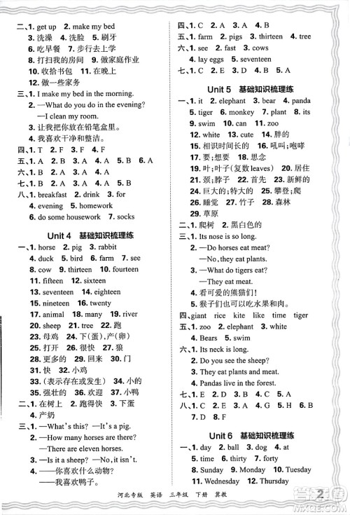江西人民出版社2025年春王朝霞河北各地期末试卷精选三年级英语下册冀教版河北专版答案