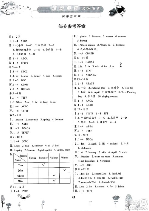 内蒙古少年儿童出版社2025年缤纷假日暑假作业五年级英语全册人教版答案