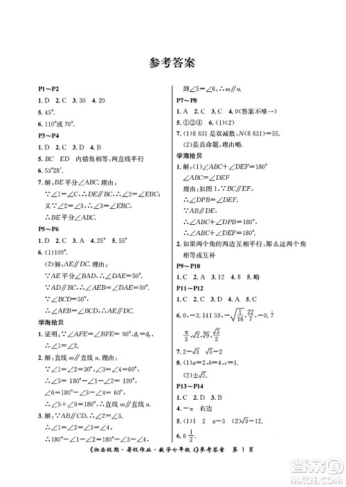 湖南大学出版社2025年北京央教湘岳假期暑假作业七年级数学全册人教版答案