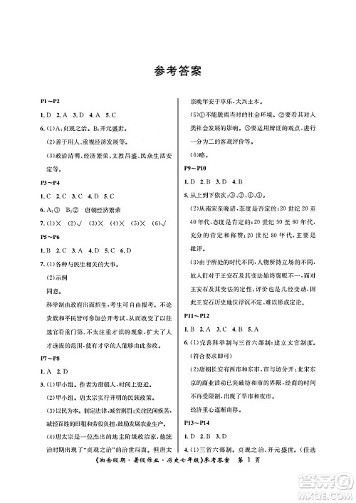 湖南大学出版社2025年北京央教湘岳假期暑假作业七年级历史全册人教版答案