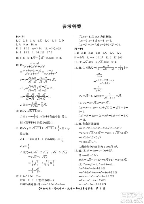 湖南大学出版社2025年北京央教湘岳假期暑假作业八年级数学全册人教版答案