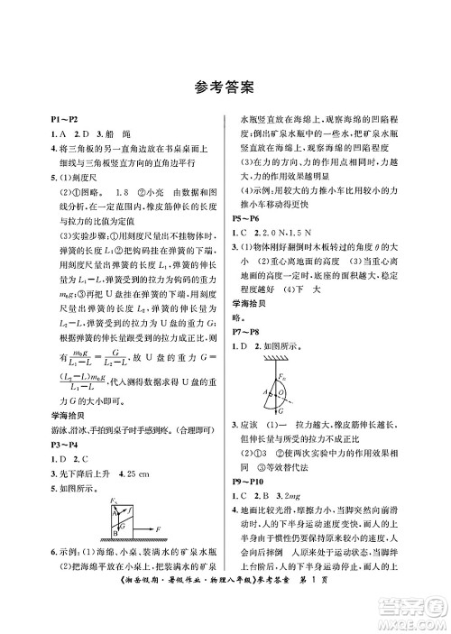 湖南大学出版社2025年北京央教湘岳假期暑假作业八年级物理全册人教版答案