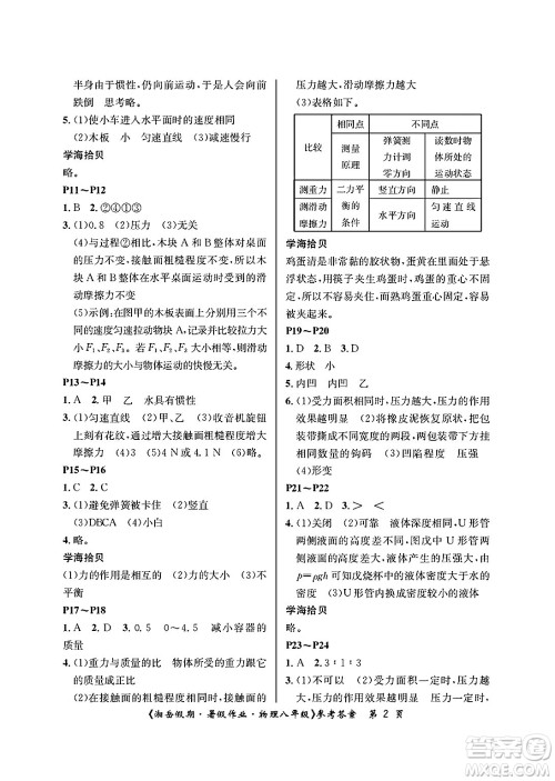 湖南大学出版社2025年北京央教湘岳假期暑假作业八年级物理全册人教版答案