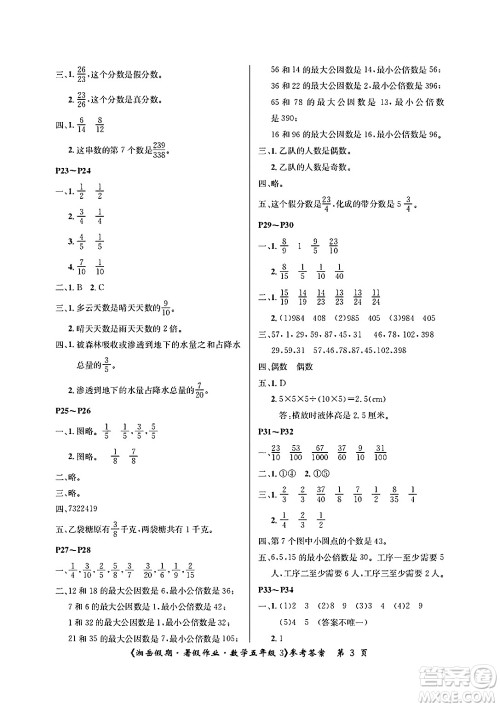 湖南大学出版社2025年北京央教湘岳假期暑假作业五年级数学全册人教版答案