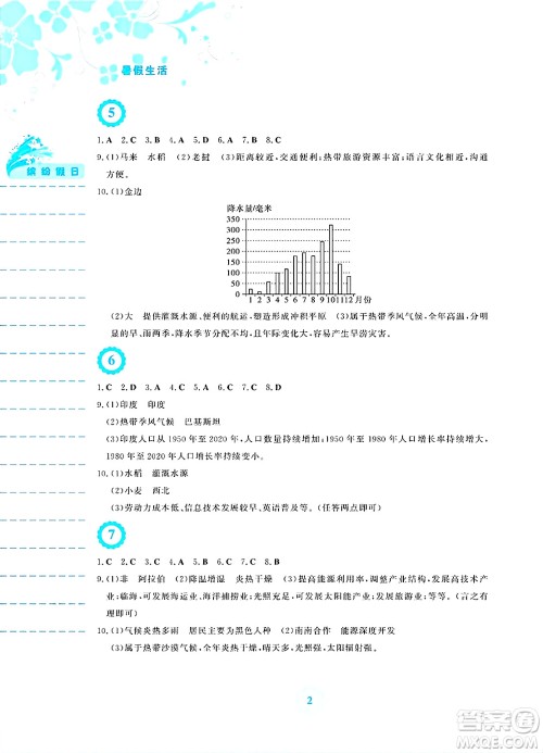 安徽教育出版社2025年暑假生活七年级地理全册湘教版答案