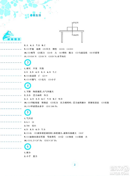 安徽教育出版社2025年暑假生活八年级物理全册通用版S答案