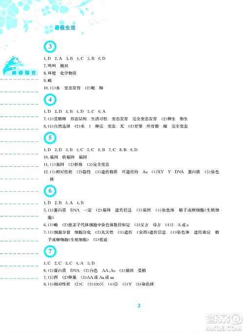 安徽教育出版社2025年暑假生活八年级生物全册人教版答案
