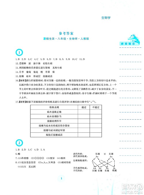 安徽教育出版社2025年暑假生活八年级生物全册人教版答案