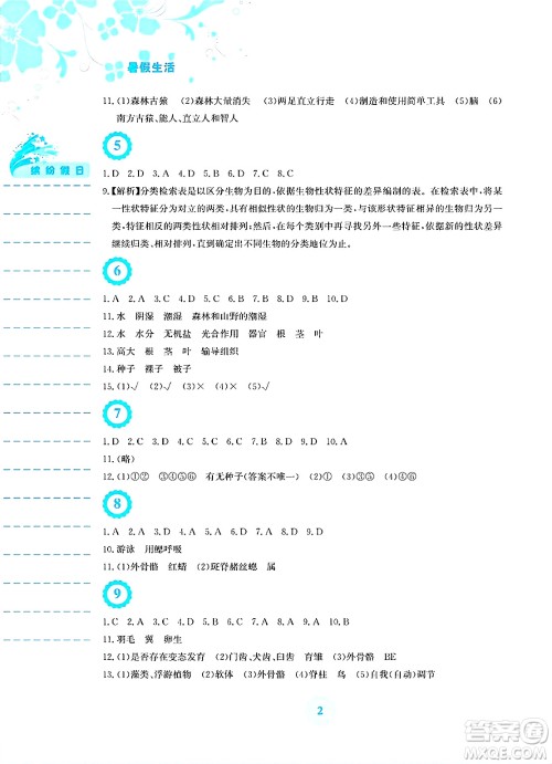 安徽教育出版社2025年暑假生活八年级生物全册北师大版答案