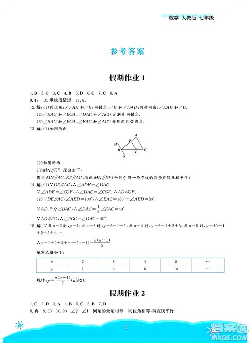 安徽教育出版社2025年暑假作业七年级数学全册人教版答案 安徽教育出版社2025年暑假作业七年级数学全册人教版答案