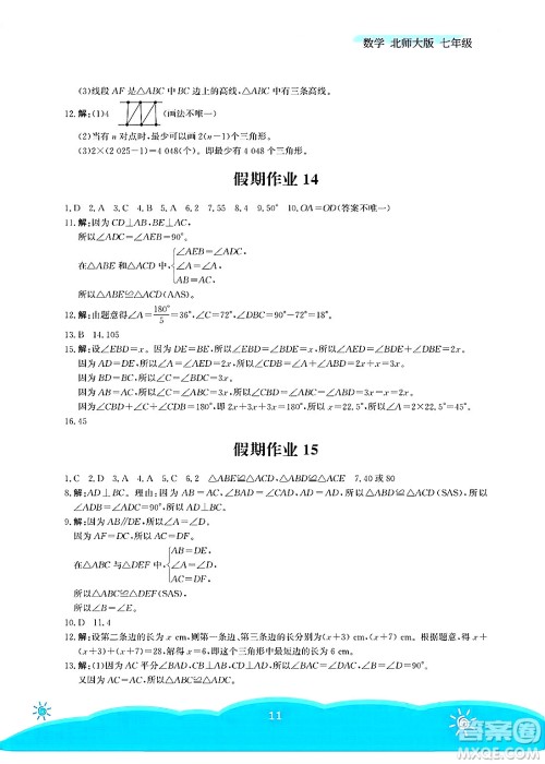 安徽教育出版社2025年暑假作业七年级数学全册北师大版答案